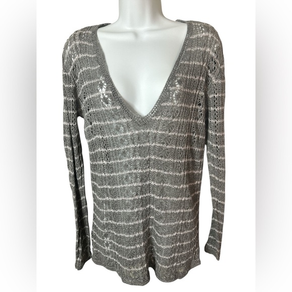 Tommy Bahama Open Knit Gray Striped Long Sleeve Linen Sweater Top Women’s M - Picture 1 of 11